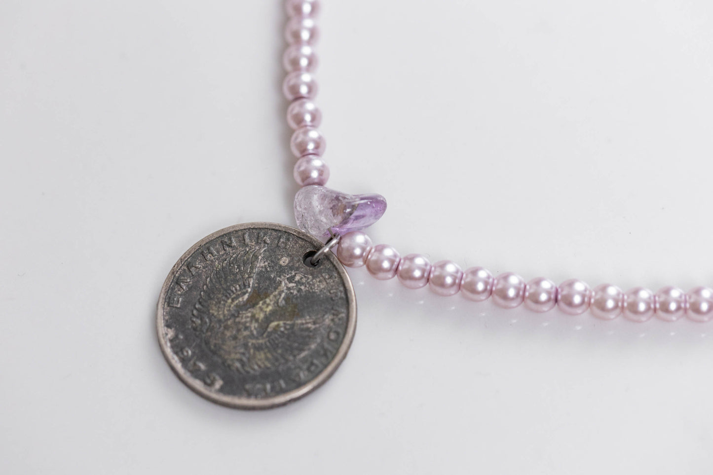 Lilac pearls & vintage coin necklace